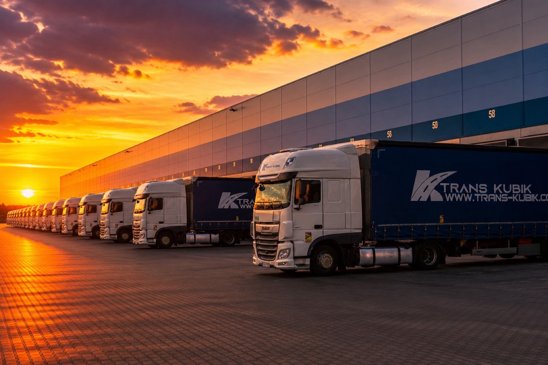 Flota Trans Kubik — rząd ciężarówek o zachodzie słońca